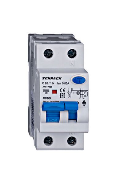 Eti RCBO residual current circuit breaker, 1P+N, 20A, 30mA, 10kA, curve C, type A, AMPARO, AK617620--, Schrack