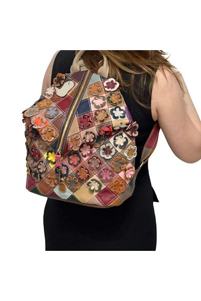 Micutz Spacious Backpack for Women in Genuine Leather with Floral Pattern, Made in Italy, Applied Flowers
