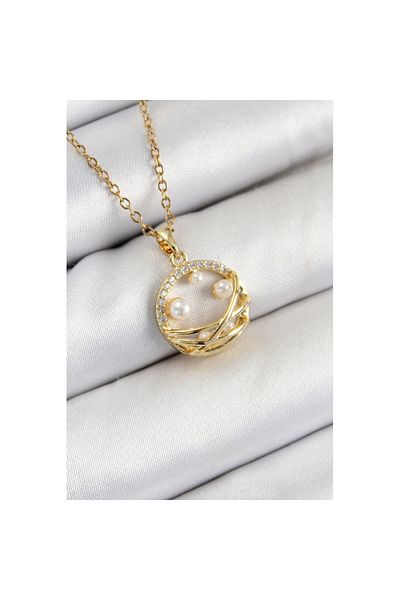 Skygo 316L Steel Zircon Stone Pearl Detailed Ring Model Gold Color Women's Necklace - Tj-Bko10363