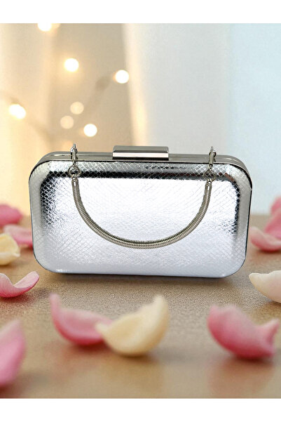 Biçanta Silver Gray Lame Color Snake Pattern Shiny Leather Women's Evening Dress Bag Wedding Engagement Graduation