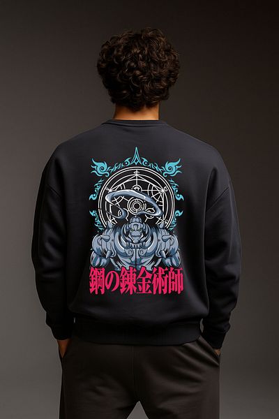 By Caspita Fashion Lenithra Fullmetal Alchemist Brotherhood Alphonse Anime Hanorac unisex oversize gri închis cu imprimeu pe spate