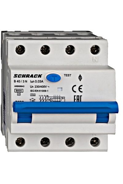 Eti RCBO residual current circuit breaker, 3P+N, 40A, 30mA, 6kA, curve B, type A, AMPARO, AK668840--, Schrack