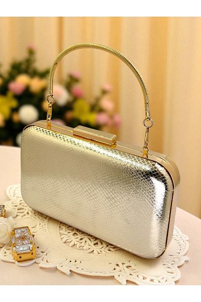 Biçanta Gold Gold Dore Color Snake Pattern Shiny Leather Women's Evening Dress Bag Wedding Engagement Graduation