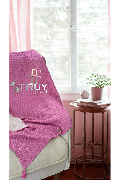 TruyTowel %100 PAMUK MÜSLİN TV BATTANİYESİ/KOLTUK ÖRTÜSÜ FUŞYA