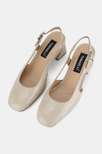 TUNAELLİ Women's Beige Patent Leather Genuine Leather Number 35-41 Medium Heel Back Open Shoes