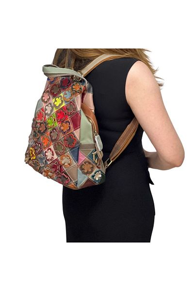 Micutz Women's Leather Backpack, Modern Design with Applied Flowers, Multicolor, 30x33x17 cm