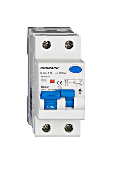 Eti RCBO residual current circuit breaker, 1P+N, 25A, 30mA, 6kA, curve B, type A, AMPARO, AK668625--, Schrack