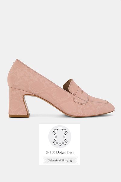 TUNAELLİ Women's Powder Pink Genuine Leather 35-41 Number Medium Heel Loafer Shoes