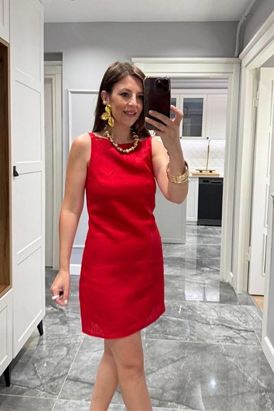 Banu Angay Rochie căptușită din in Antoryum Roșu