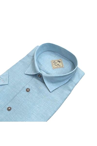 GÖMLEK GALERİSİ Men's Classic Relaxed Fit Flap Double Pocket Short Sleeve Solid Linen Shirt
