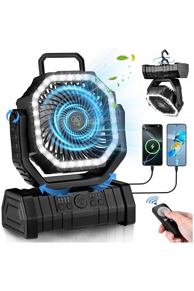 BALQRA Ventilator portabil pentru Camping, Birou, Calatorii, 4 viteze, Telecomanda, Lumina LED, Carlig 360°