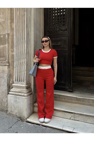 alluria Crop Pants Piping Suit Red