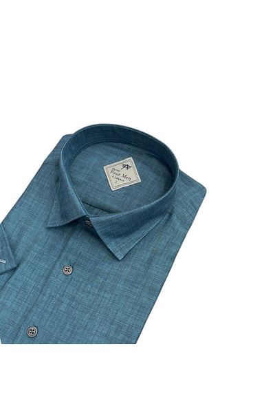 GÖMLEK GALERİSİ Men's Classic Relaxed Fit Flap Double Pocket Short Sleeve Solid Linen Shirt