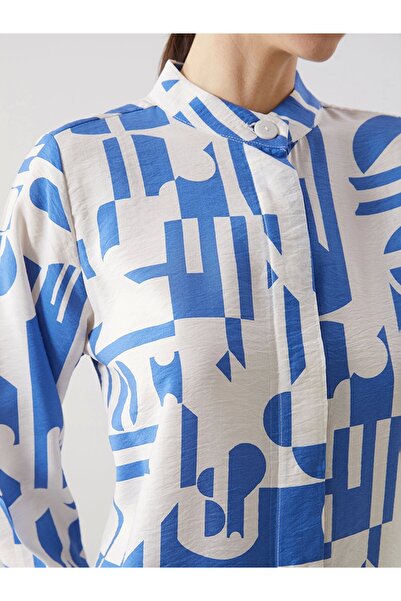 LC Waikiki LCWAIKIKI Κλασικό γυναικείο πουκάμισο με μοτίβο με γιακά Navy Blue Judge