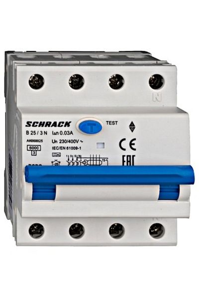 Eti RCBO residual current circuit breaker, 3P+N, 25A, 30mA, 6kA, curve B, type A, AMPARO, AK668825--, Schrack