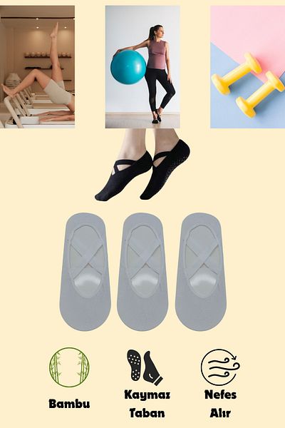 stellare Bamboo Women's Anti-Slip Sole Silicone Print Pilates Yoga Fitness Ballet Dance Activity Ballerina Socks 3-Piece