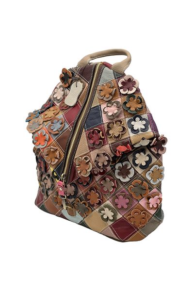 Micutz Spacious Backpack for Women in Genuine Leather with Floral Pattern, Made in Italy, Applied Flowers