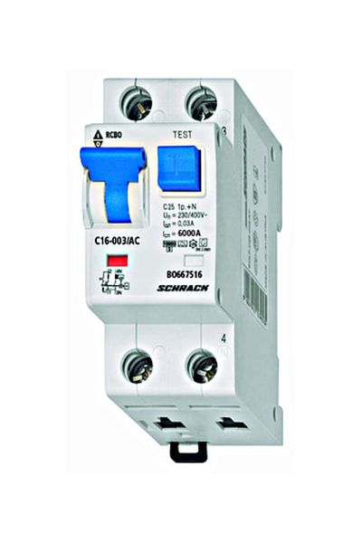 Eti RCBO residual current circuit breaker, 1P+N, 16A, 30mA, 6kA, curve C, type AC, BOLF, BO667516--, Schrack