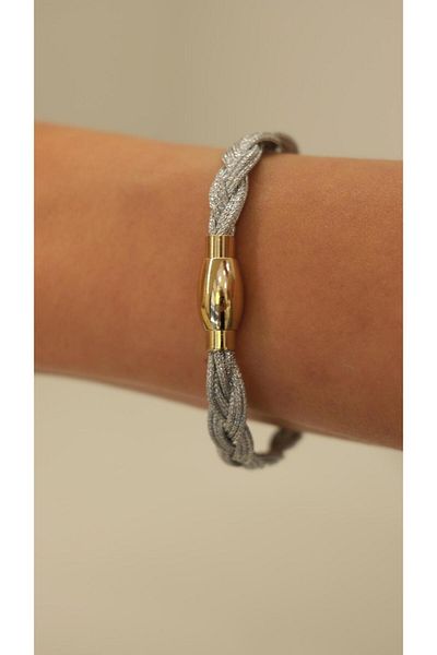 Jerie Silvery Knitted Detail Steel Magnet Rope Bracelet
