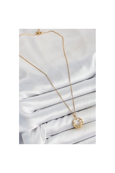 Skygo 316L Steel Zircon Stone Pearl Detailed Ring Model Gold Color Women's Necklace - Tj-Bko10363