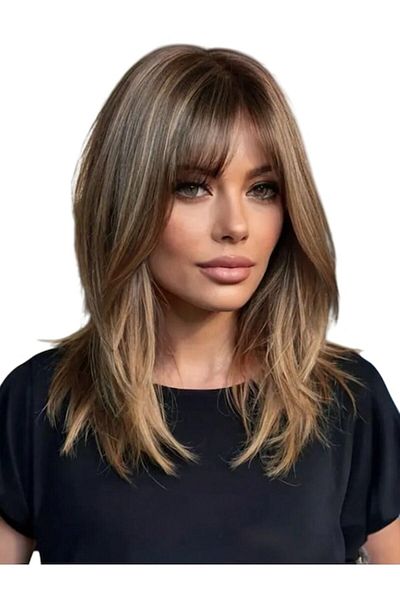 The Casius. Women's Medium Straight Hair Wig with Bangs, Hair Imitation, 50 cm, Chestnut Highlighted