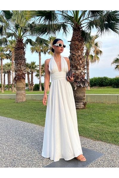 Afiş Butik White Linen Halter Neck Dress with Back Detail
