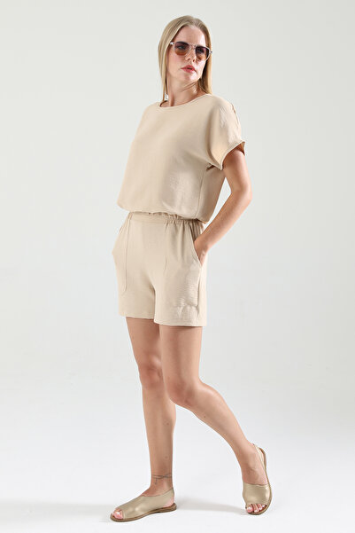 STİLL C&M Women's Beige Color Ayrobin Fabric Bottom Top Shorts Suit