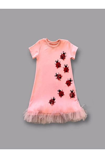 Skygo 1-2-3 Years Old Ladybug Embroidered Ruffle Tip Girl Kids Gilet Dress Powder