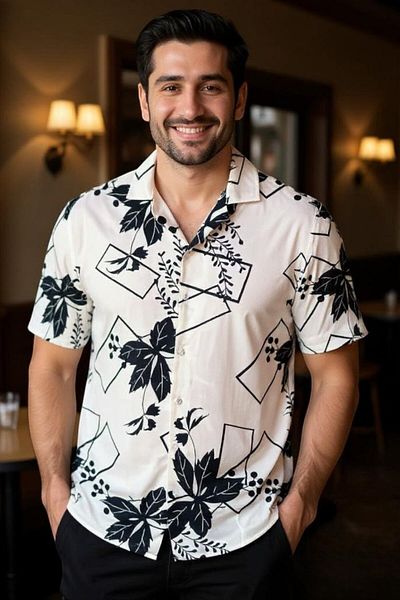 CANMODA Πουκάμισο Casual Cut με Γεωμετρικά Φύλλα – Λευκό - TH355