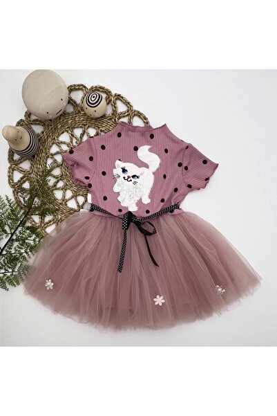 Genel Markalar 1-2-3 Yaş Payetli Kedicik Baskılı Puantiyeli Kız Bebek Elbises...