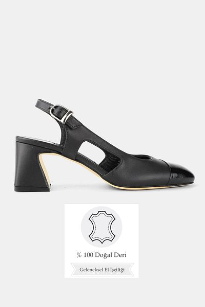 TUNAELLİ Women's Black Genuine Leather 35-41 Number Medium Heel Back Open Square Toe Shoes