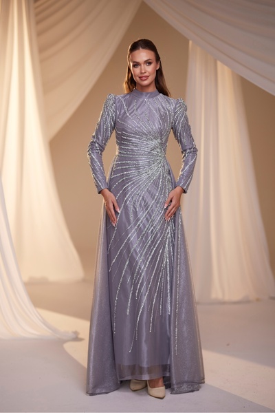 JEWEL DRESS TESETTÜR NARE ABİYE UZUN KOLLU TAŞLI İŞLEMELİ