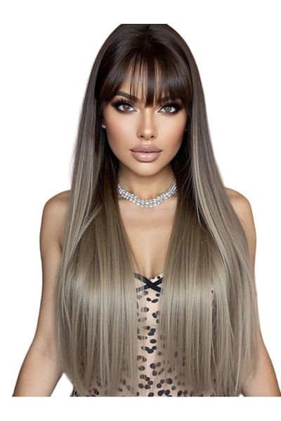 The Casius. Women's Wig, Long Straight Hair with Bangs, 70 cm, Gray-Brown Color, theCasius.®