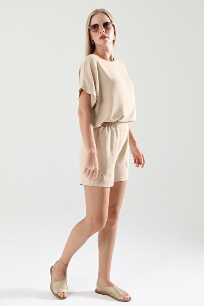 STİLL C&M Women's Beige Color Ayrobin Fabric Bottom Top Shorts Suit