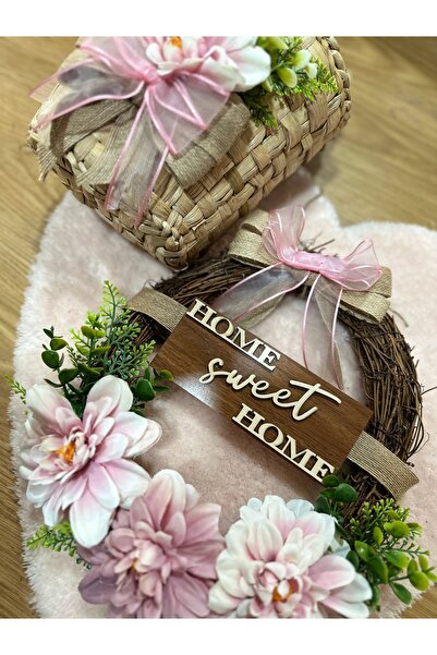 Marrone Σετ διακοσμητικό στολίδι για την πόρτα και ψάθινο καλάθι «Flowering Home Sweet Home» - Διακοσμητικό αξεσουάρ πόρτας