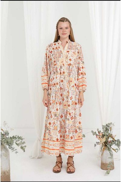 Soul Women's Floral Patterned Comfortable Fit Lined Dress Ecru/Orange 32352