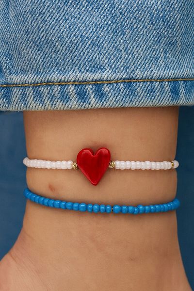 SEZİNİN TAKI DÜKKANI Handmade Murano Glass Bead Heart Summer Dream Anklet