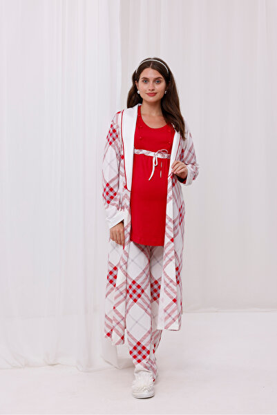 Yulem Homewear Cherry Plaid Patterned Cotton Maternity Maternity Pajama Set with Breastfeeding Feature 3-Piece Pajama Set