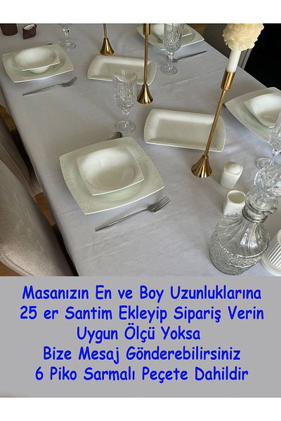 Zeren Home Polyester Linen Gold Piko Detailed Off-White Carefree Tablecloth + 6 Napkins