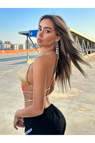 PİNKSTORE Золотистий блискучий бюстгальтер – сексуальний кроп-топ з обв'язкою