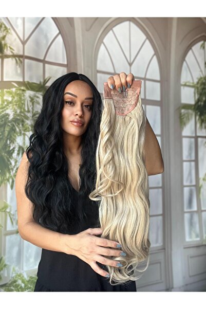 Suzan Peruk Küllü Sarı Dalgalı At Kuyruğu Gerçek saç dokusunda-Bağlamalı Postiş 70 Cm Bağcıklı Cırtcırtlı