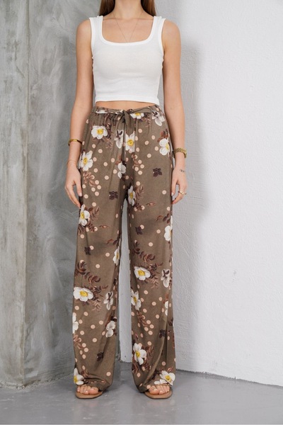 SheLoria بنطلون نسائي من الفسكوز باللون البني الزيتوني مع تفاصيل ربط وخصر مطا...