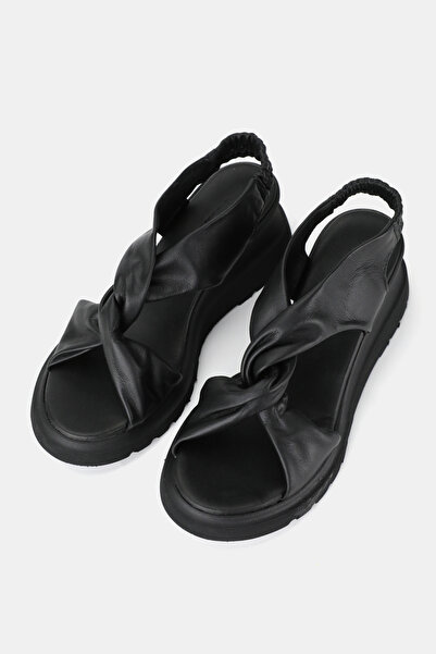 TUNAELLİ Women's Black Genuine Leather 36-41 Number Flat Filled Mid-Heel Band Sandals