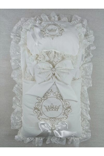 Ecenaz Newborn Antalya Crown Embroidered Swaddle Trilux Unisex 3-Piece Diaper Changing Set Ecru