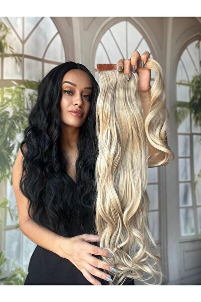 Suzan Peruk Küllü Sarı Dalgalı At Kuyruğu Gerçek saç dokusunda-Bağlamalı Postiş 70 Cm Bağcıklı Cırtcırtlı