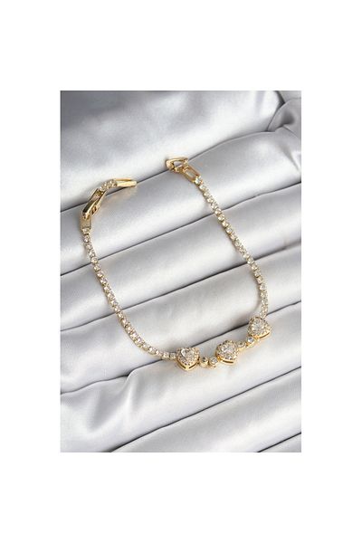 Skygo Brass Row Heart Figured Zircon Stone Gold Color Women's Bracelet - Tj-Bb6981