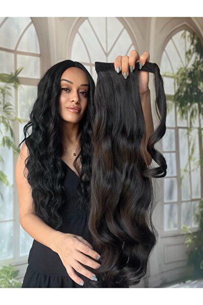 Suzan Peruk Koyu Kestane Dalgalı At Kuyruğu Gerçek saç dokusunda-Bağlamalı Po...