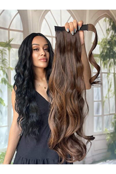 Suzan Peruk Gizemli Kahve Dalgalı At Kuyruğu Gerçek saç dokusunda-Bağlamalı P...