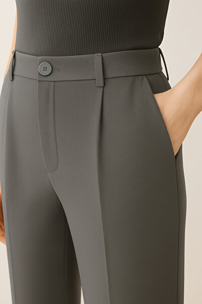 eywear Kadın Gri Renk Likralı Dökümlü Yüksek Bel Geniş Paça Rahat Kalıp Palazzo Kumaş Pantolon