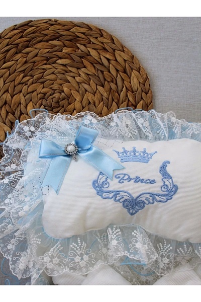 SepetBudur Newborn Nile Crown Embroidered Swaddle Trilux 3-Piece Bottom Opening Set Blue